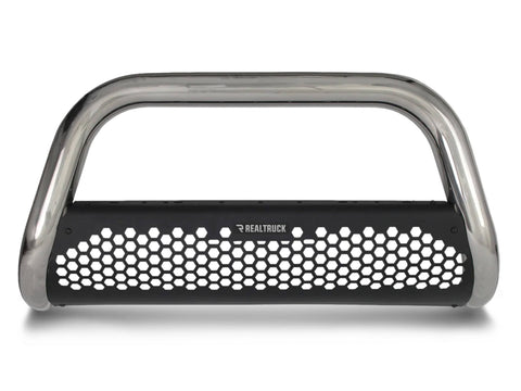 Go Rhino Charger RC2: polished stainless bull bar with black perforated skid plate on white (representative image of the series; the kit for this listing is made for the vehicles shown in the fitment table)