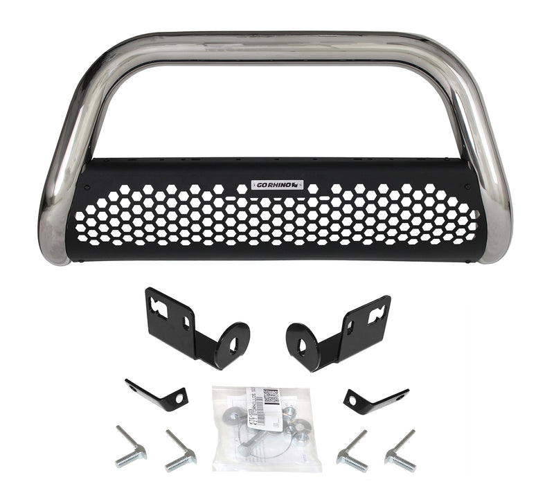 Go Rhino Charger RC2: polished stainless bull bar with black perforated skid plate, mounting brackets and hardware on white