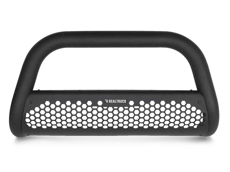 Go Rhino Charger RC2: textured black bull bar with perforated skid plate on white