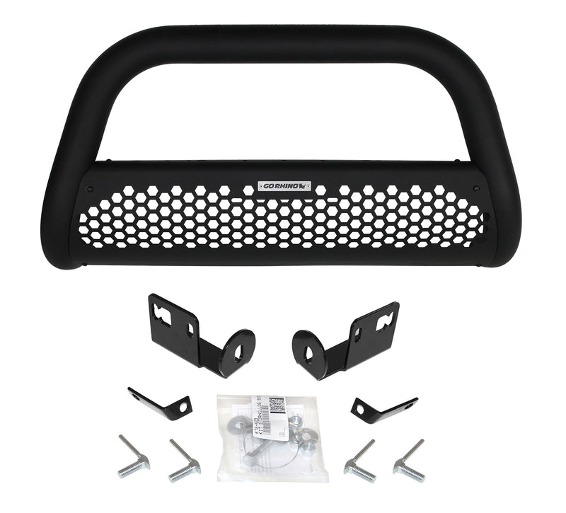 Go Rhino Charger RC2: textured black bull bar with perforated skid plate, mounting brackets and hardware on white