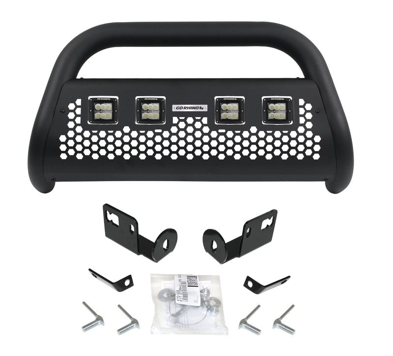 Go Rhino Charger RC2 LR: textured black bull bar with four square LED lights in the cut-outs, brackets and hardware on white (representative image of the series; the kit for this listing is made for the vehicles shown in the fitment table)