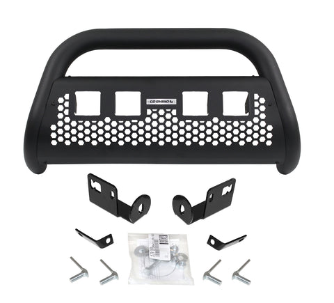 Go Rhino Charger RC2 LR: textured black bull bar with four empty square light cut-outs, brackets and hardware on white