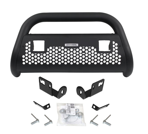 Go Rhino Charger RC2 LR: textured black bull bar with two empty square light cut-outs, brackets and hardware on white