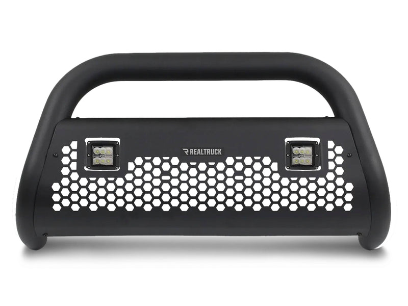 Go Rhino Charger RC2 LR: textured black bull bar with two cube lights in a perforated skid plate on white