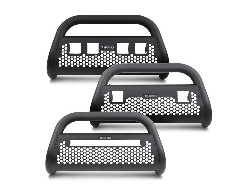 Go Rhino Charger RC2 LR: three textured black bull bars with different light cut-out patterns on white
