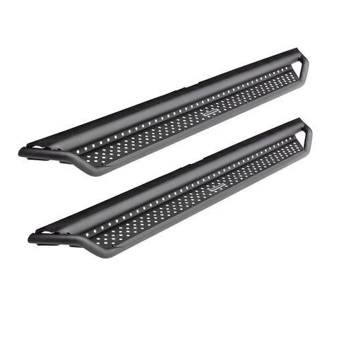 Go Rhino Dominator D1: pair of textured black perforated side steps with tube frame on white (representative image of the series; the kit for this listing is made for the vehicles shown in the fitment table)