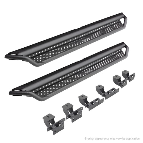 Go Rhino Dominator D1: pair of textured black perforated side steps with six mounting brackets on white