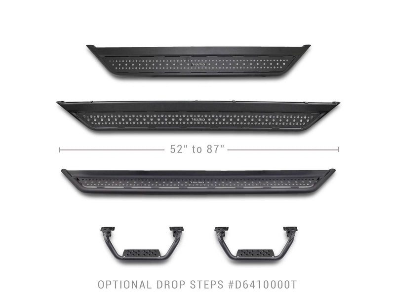 Go Rhino Dominator D6: black side steps with a 52" to 87" length line and two drop steps below (shown with drop steps D6410000T (optional), not included)
