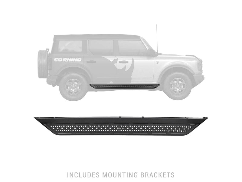 Go Rhino Dominator D6: greyed-out 4-door Ford Bronco outline with a black side step highlighted, and the step shown alone below