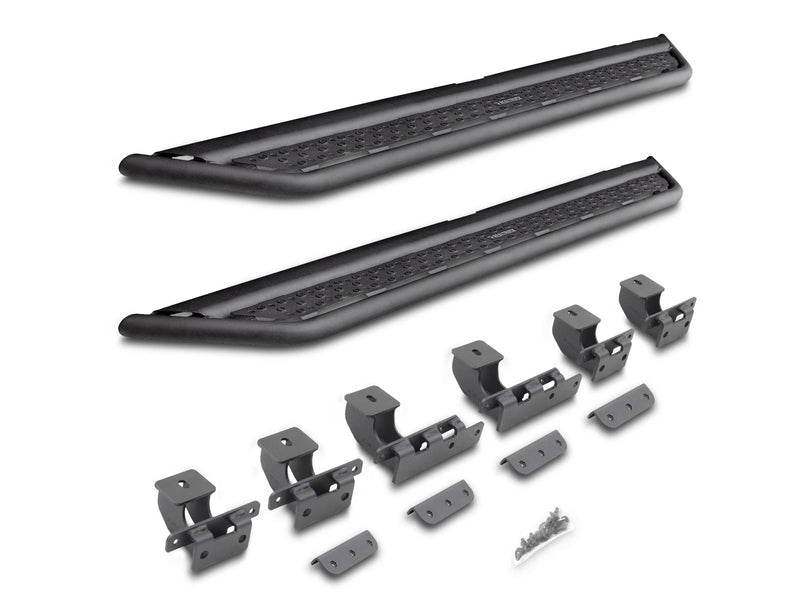 Go Rhino Dominator D6: pair of black side steps with mounting brackets and hardware on white