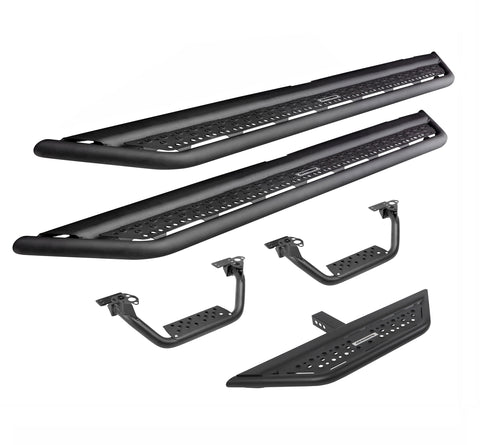 Go Rhino Dominator D6: pair of black tube-rail boards with perforated plates, two hoop steps and a short step section on white
