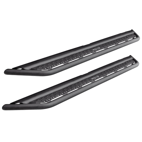 Go Rhino Dominator D6: pair of black tube-rail running boards with perforated step plates on white (representative image of the series; the kit for this listing is made for the vehicles shown in the fitment table)