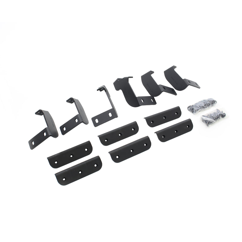 Go Rhino Dominator D6: set of black steel mounting brackets, flat plates and hardware bags laid out on white