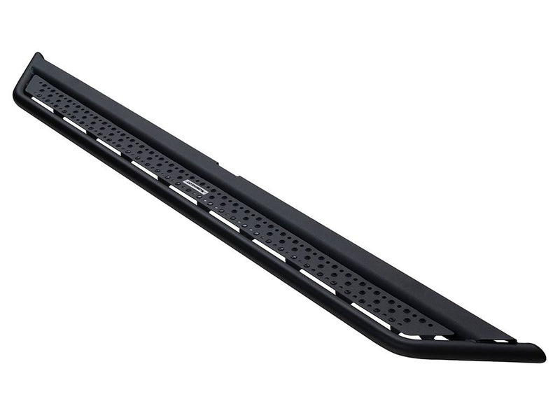 Go Rhino Dominator D6: single black side step with perforated tread on white