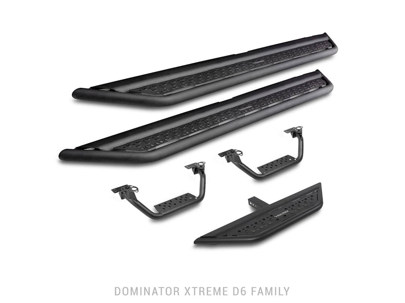 Go Rhino Dominator D6: two black side steps, two drop steps and a step pad on white (shown with drop steps (optional, sold separately), not included)