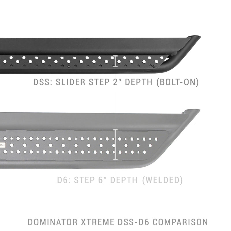 Go Rhino Dominator DSS: comparison graphic of a slim 2" deep slider step against a 6" deep welded step