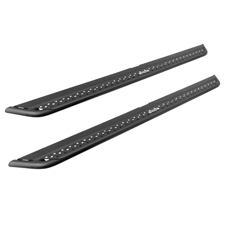 Go Rhino Dominator DSS: pair of slim black slider steps with perforated plates and Go Rhino plates on white (representative image of the series; the kit for this listing is made for the vehicles shown in the fitment table)