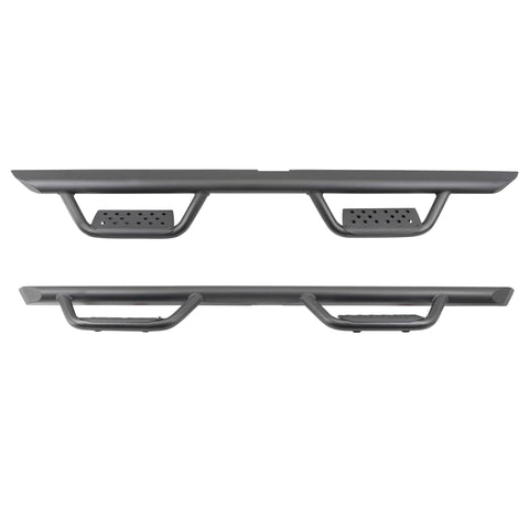 Go Rhino Dominator Xtreme D2: pair of black side bars with two drop-down hoop steps each, front and top views on white (representative image of the series; the kit for this listing is made for the vehicles shown in the fitment table)