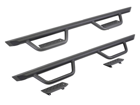Go Rhino Dominator Xtreme D2: pair of black tube side steps with two drop steps each and loose step pads on white (representative image of the series; the kit for this listing is made for the vehicles shown in the fitment table)