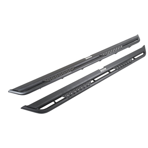 Go Rhino Dominator Xtreme DT: pair of black tube-frame side steps with two perforated step plates each on white (representative image of the series; the kit for this listing is made for the vehicles shown in the fitment table)