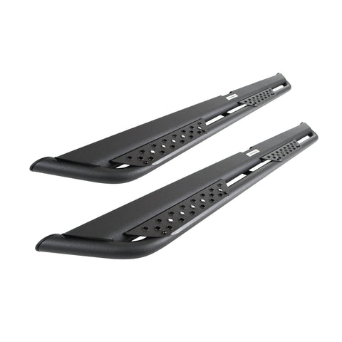 Go Rhino Dominator Xtreme DT: pair of black tube-frame side steps with perforated step plates and Go Rhino plates on white