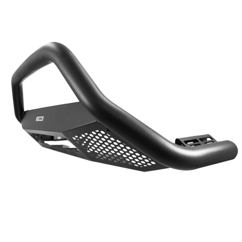Go Rhino RC4 LR: black tubular bull bar with perforated lower skid plate on white