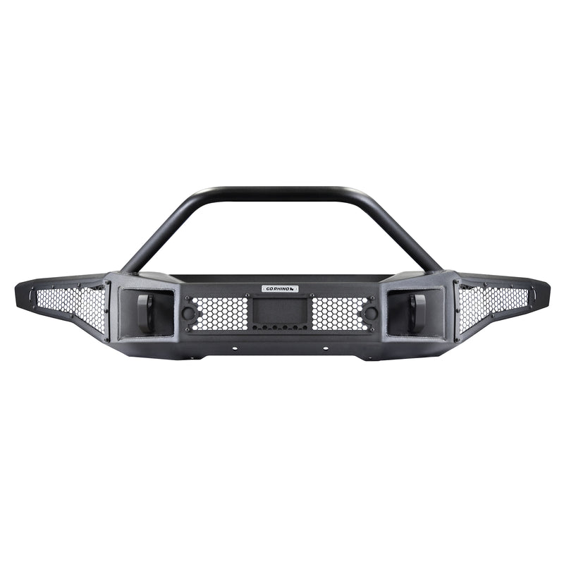Go Rhino Rockline: black full-width winch bumper with prerunner hoop and mesh panels, front view on white