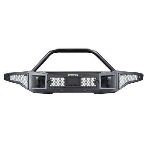 Go Rhino Rockline: black full-width winch bumper with prerunner hoop and mesh panels, front view on white