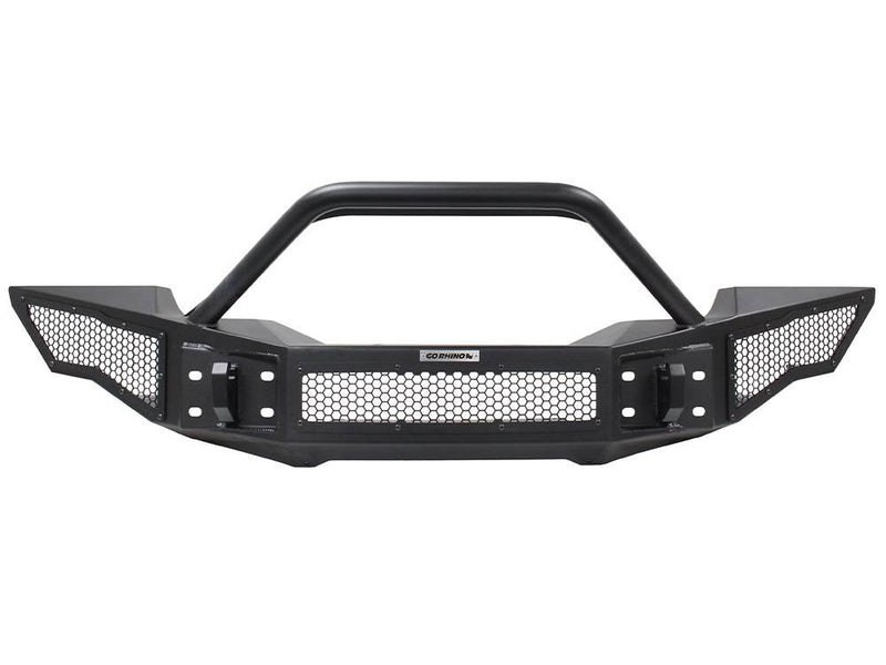 Go Rhino Rockline: textured black full-width front bumper with overrider hoop and hex mesh wings on white