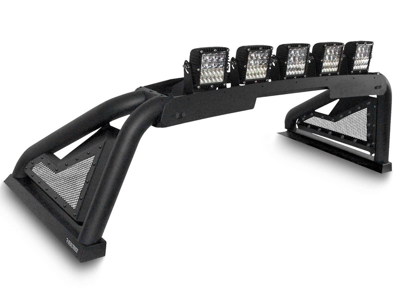 Go Rhino Sport Bar 2.0: black sport bar with five LED pods on the light mount, white background (shown with aftermarket LED light pods on the light mount, not included)