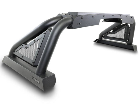 Go Rhino Sport Bar 2.0: black sport bar with mesh side panels and top light mount plate, angled view on white (representative image of the series; the kit for this listing is made for the vehicles shown in the fitment table)
