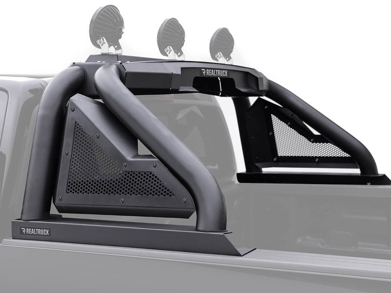 Go Rhino Sport Bar 2.0: black sport bar with mesh side panels installed on a faded gray pickup bed, lights ghosted on top (shown with round light pods (ghosted), not included)
