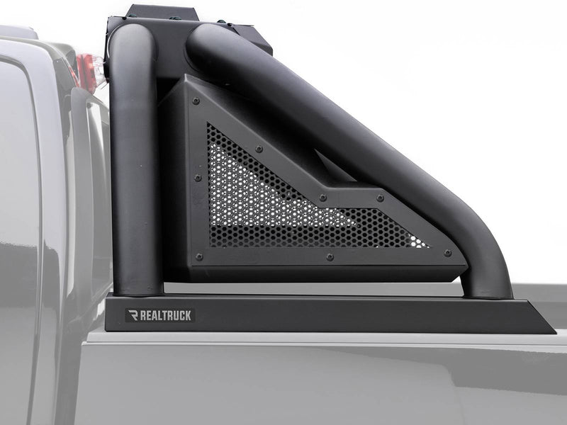 Go Rhino Sport Bar 2.0: close view of the black sport bar side hoop and mesh panel on a faded silver pickup bed