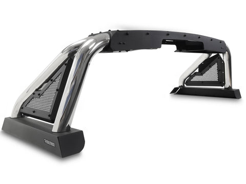 Go Rhino Sport Bar 2.0: polished stainless sport bar with black mesh side panels and black top plate on a white background (representative image of the series; the kit for this listing is made for the vehicles shown in the fitment table)