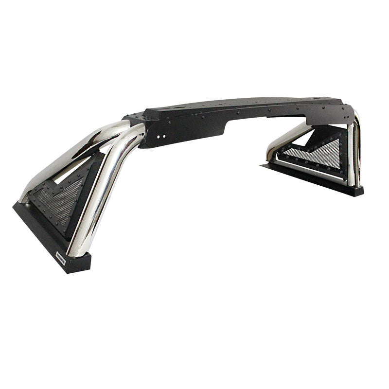 Go Rhino Sport Bar 2.0: polished stainless sport bar with black top plate and mesh side panels on white
