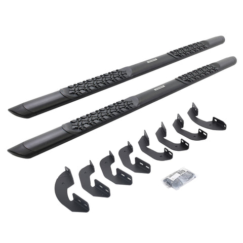 Go Rhino V-Series V3: pair of black side steps with tread pads, curved brackets and hardware on white (representative image of the series; the kit for this listing is made for the vehicles shown in the fitment table)