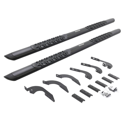 Go Rhino V-Series V3: pair of black side steps with tread pads, brackets and hardware on white