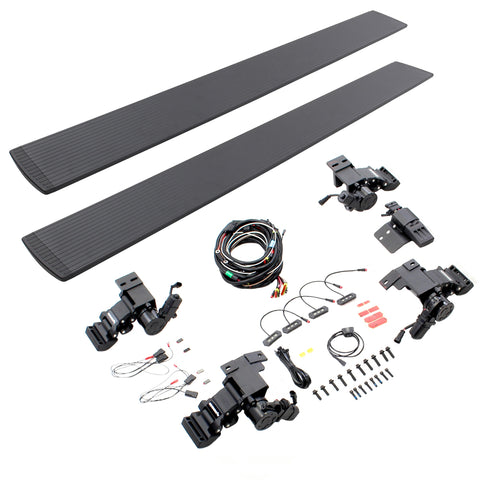 Go Rhino VoltStep: two black electric running boards with motor arms, wiring and hardware on white (representative image of the series; the kit for this listing is made for the vehicles shown in the fitment table)