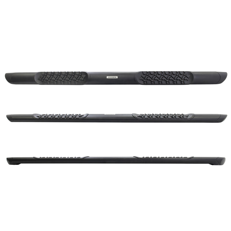 Textured black V3 side step shown from the top, side and bottom on white