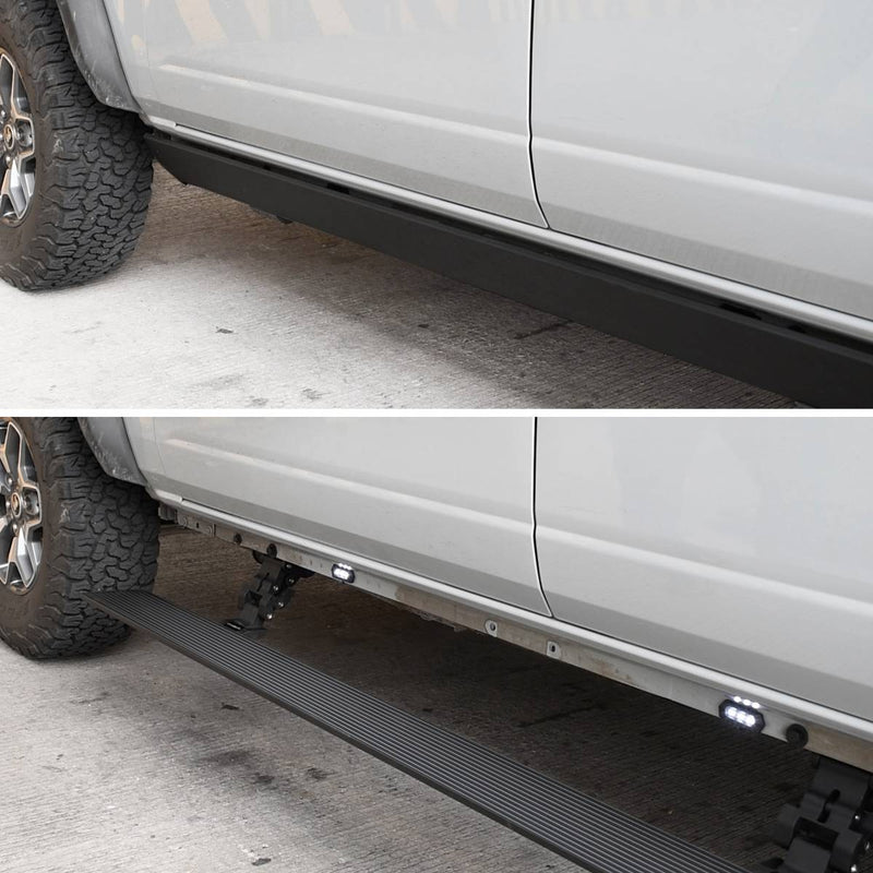 Two views of a textured black power running board: tucked under the rocker, then deployed with lights on