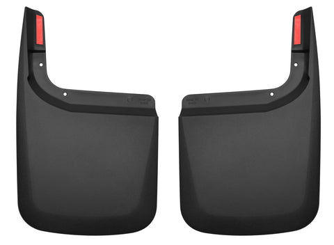 Husky Liners Custom Molded: pair of black molded rear mud guards with red reflectors on a white background