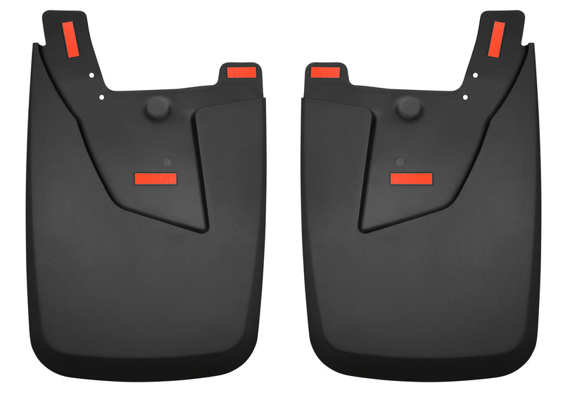 Husky Liners Custom Molded: pair of black molded rear mud guards with red reflectors on a white background