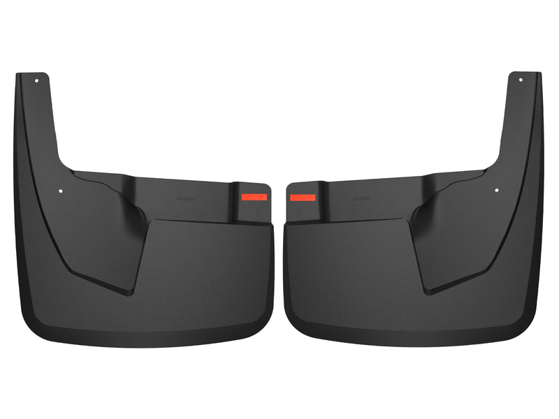 Husky Liners Custom Molded: pair of black molded rear mud guards with red reflectors on a white background