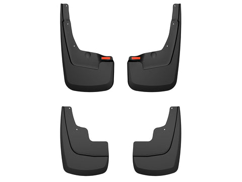 Husky Liners Custom Molded: set of four black molded mud guards with red reflectors, front and rear pairs, on a white background (representative image; each guard is molded for its own vehicle)