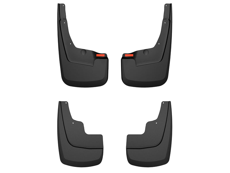 Husky Liners Custom Molded: set of four black molded mud guards with red reflectors, front and rear pairs, on a white background (representative image; each guard is molded for its own vehicle)