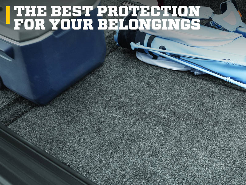 Husky Liners Guardian Comfort: blue cooler and white golf bag resting on a gray carpet bed mat