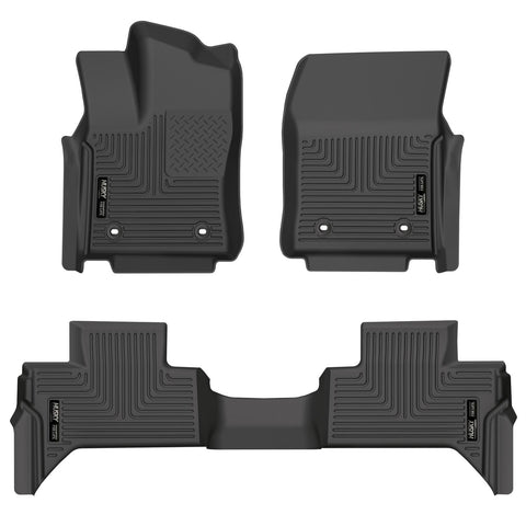Husky Liners WeatherBeater: black front driver and passenger floor liners with a one-piece second-row liner, on a white background