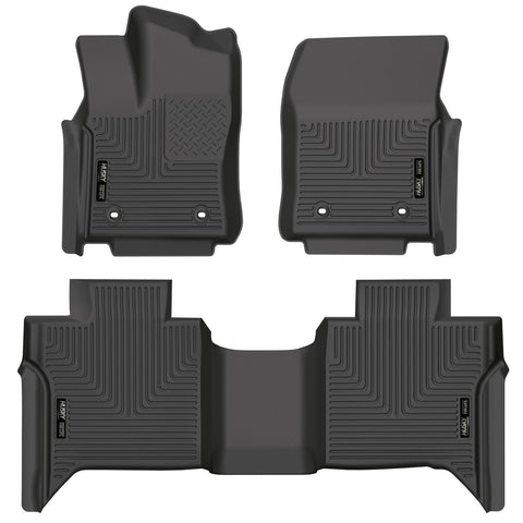 Husky Liners WeatherBeater: black front driver and passenger floor liners with a one-piece second-row liner, on a white background