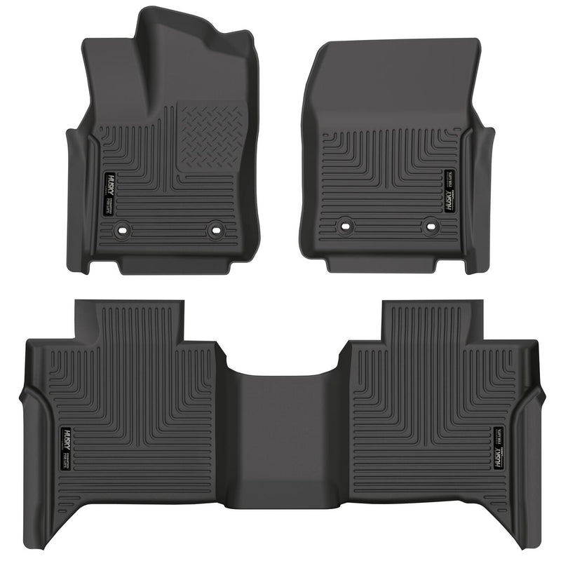 Husky Liners WeatherBeater: black front driver and passenger floor liners with a one-piece second-row liner, on a white background