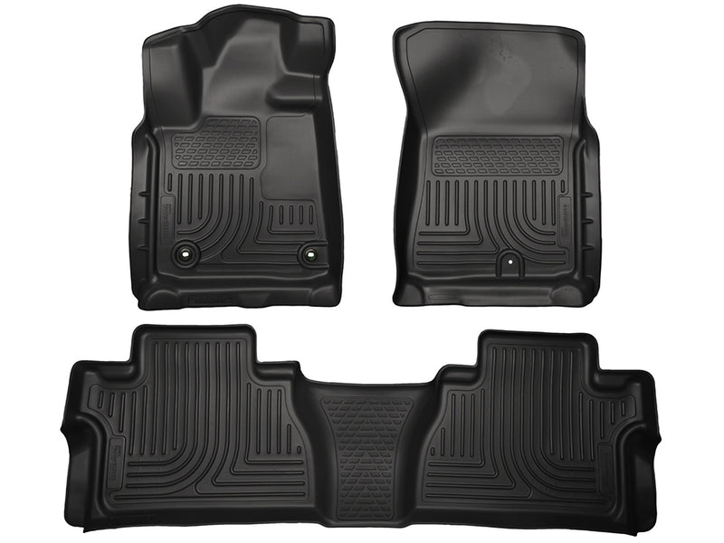 Husky Liners WeatherBeater: black front driver and passenger floor liners with a one-piece second-row liner, on a white background